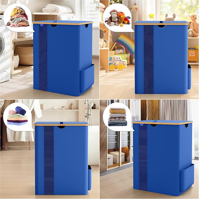 BlissTotes Laundry Basket with Lid, 150L Clothes Laundry Hamper with Handles and 2 Removable Laundry Bag, Breathable Design Hamper with Lid for Bedroom, Bathroom, Dorm, Laundry Room - Blue