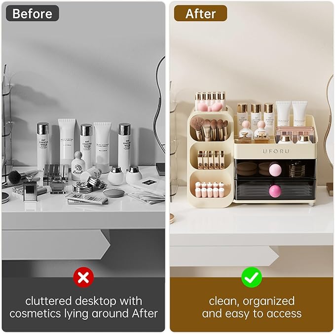 Makeup Organizer for Vanity with Brush Holder, Large Capacity Bathroom Countertop Skincare Organizer with 2 Drawers, Cosmetic Display Case for Perfumes, Eyeshadow Palettes, Nail Polishes