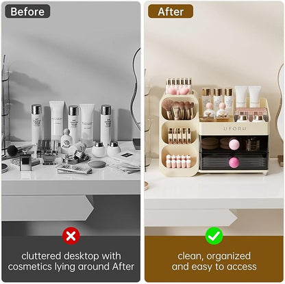 Makeup Organizer for Vanity with Brush Holder, Large Capacity Bathroom Countertop Skincare Organizer with 2 Drawers, Cosmetic Display Case for Perfumes, Eyeshadow Palettes, Nail Polishes
