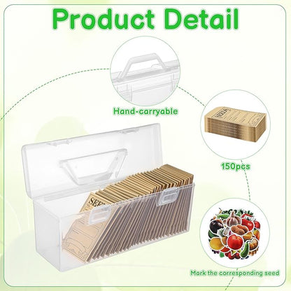 Plastic Clear Seed Storage Organizer Box with Handle, 1 Seed Saving Packet Container Box with 200 Envelopes and 50 Stickers for Plant Flower Vegetable Garden Lover Gifts