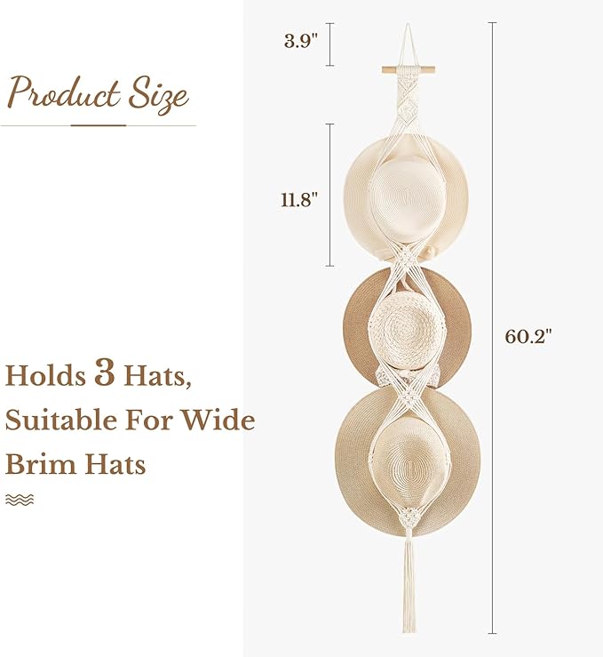Dahey Macrame Hat Hangers Hat Rack for Wall Cowboy Hat Organizer Hanging Display Hand Weaving Bobo Hat Holder Western Decor for Wide Brim Hats Bowler Fedora Hats
