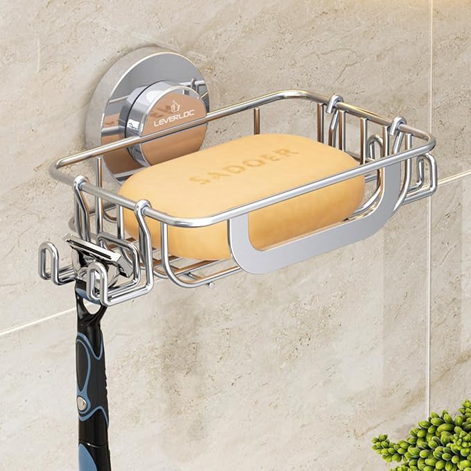 LEVERLOC Soap Holder Shower with Hooks, Bar Suction Cup Soap Dish Tray for Wall, Rust-Proof Stainless Steel Sponge Caddy for Bathroom Accessories Organizer Bathtub Kitchen Sink, Silver