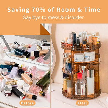 V-HANVER 360 Rotating Makeup Organizer Perfume Organizer Coffee Color Cosmetic Storage Display Case Large Capacity Beauty Holder Adjustable Partition Height for Bedroom Dresser or Bathroom Vanity
