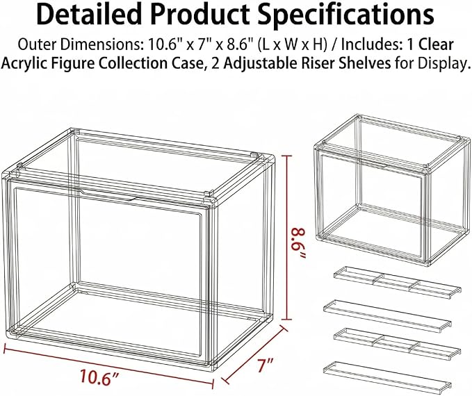 Stackable Acrylic Figure Display Case with Magnetic Door - Clear Showcase, 3-Tier Removable Stand, Dustproof Storage for Mini Figures & Blind Boxes (10.6 x 7.1 x 8.7 In)