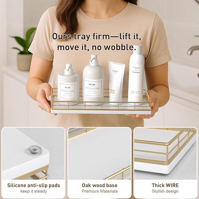 Toilet Paper Basket Organizer – Oak Wood Toilet Tank Tray with Metal Frame, Bathroom Counter Top Storage for Toilet Paper, Wipes & Decor, Modern Narrow Back of Tank Shelf Organizer, Gold & White