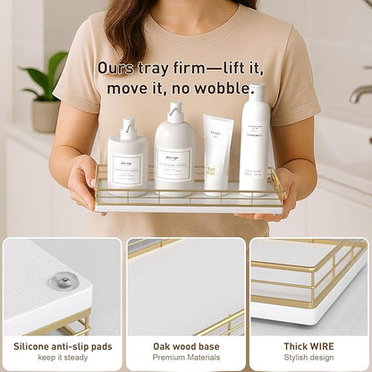 Toilet Paper Basket Organizer – Oak Wood Toilet Tank Tray with Metal Frame, Bathroom Counter Top Storage for Toilet Paper, Wipes & Decor, Modern Narrow Back of Tank Shelf Organizer, Gold & White