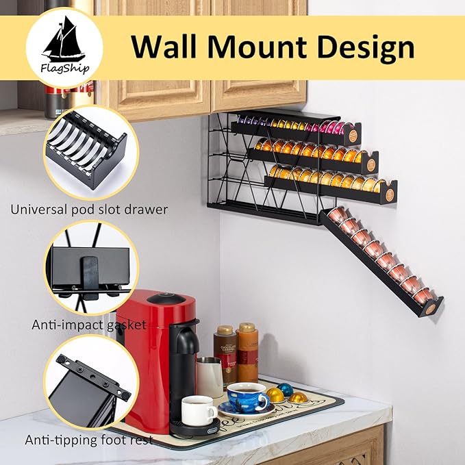 FlagShip 4-Tier Corner Coffee Pod Organizer for Nespresso Vertuo - 40+ Capsule Storage, Slim Metal Kitchen Countertop Space Saver with Compact Design