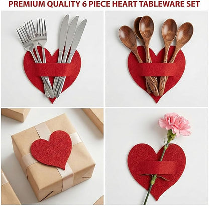 Threetols 6Pcs Valentine's Day Tableware Utensil Holder Red Heart Shape Fork Cutter Bag, Red Love Theme Felt Flatware Bags Covers for Engagement Xmas Dinner Table Party Decor Supplies