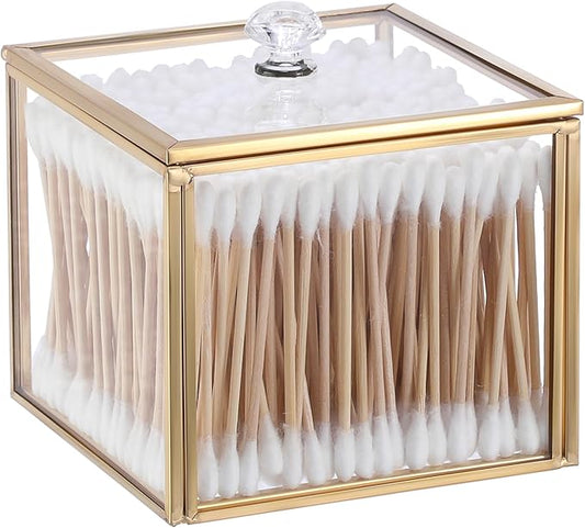 Hipiwe Glass Q-tip Holder Gold Cotton Swab Organizer Bathroom Dispenser with Lid Qtip Canister for Cotton Ball Pads Glass Vanity Box for Countertop Storage and Organization