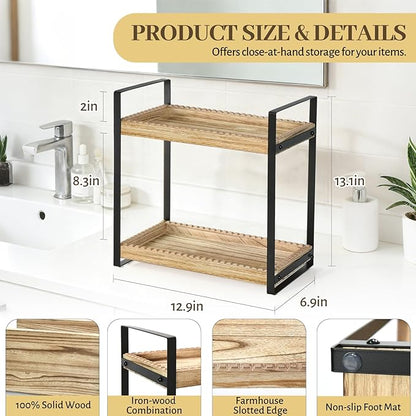 2 Tier Bathroom Organizers and Storage, Farmhouse Countertop Organizer for Bathroom Storage, Makeup Organizer for Decor, Wood Shelf for Perfume Skincare Kitchen Coffee Bar, Vanity Accessories (Brown)