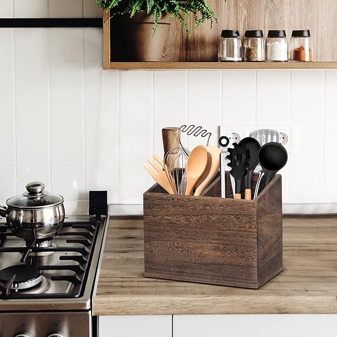 Wooden Kitchen Utensil Caddy With 2 Compartments, Rustic Utensil Holder for Kitchen Countertop, Wood Utensil Crock Organizer Box for Farmhouse Kitchen Decor (brown)