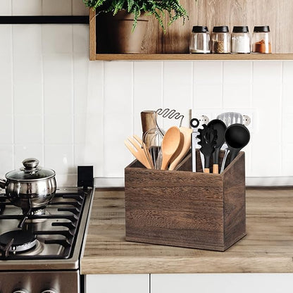 Wooden Kitchen Utensil Caddy With 2 Compartments, Rustic Utensil Holder for Kitchen Countertop, Wood Utensil Crock Organizer Box for Farmhouse Kitchen Decor (brown)