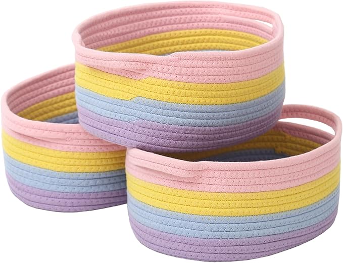 JMvicyroam Woven Basket,Small Rope Storage Bin with Handles & Ribbon Bag, Organizer for Shelves Closets,Gift Basket Empty for Birthday,Books,Dog Toys, Rainbow/3 Pack