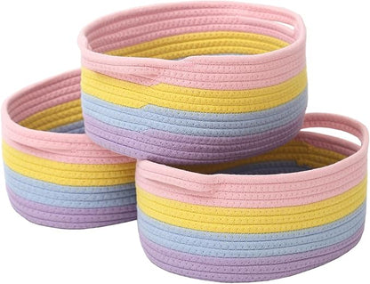 JMvicyroam Woven Basket,Small Rope Storage Bin with Handles & Ribbon Bag, Organizer for Shelves Closets,Gift Basket Empty for Birthday,Books,Dog Toys, Rainbow/3 Pack