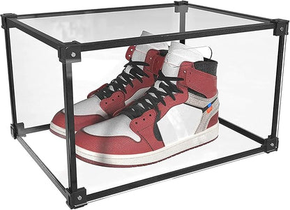 LANSCOERY Shoe Storage Box Stackable Shoe Organizer, Clear Acrylic Foldable Shoe Storage Containers Display Case with Magnetic Side Opening Door for Sneakers, Booties, Pumps, Flats, Heels, Set of 1