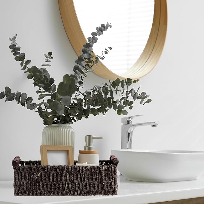 Boao 3 Pcs Boho Storage Wicker Baskets Handmade Woven Decorative Paper Rope Baskets for Organizing with Handle Countertop Toilet Paper Storage Container for Toilet Tank Top(Dark Brown,Rectangle)
