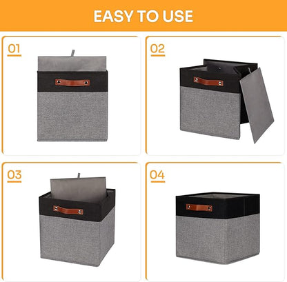 DULLEMELO 12x12 Storage Cubes, Collapsible Sturdy Cube Storage Bins With Handles for Organizing,Fabric Storage Cubes Baskets for Shelves Nursery Closet Home Organization and Storage (Black&Grey)