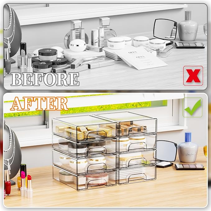 Yieach 8 Pack Small Clear Stackable Storage Drawers,2.2'' Tall Desk Organization and Storage,Plastic Office Supply Organizer,Acrylic Storage Containers for Makeup,Hair Clip,Accessory,Pen,Art Crafts