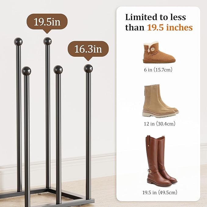 pickpiff Free Standing Shoe Racks - 19.5 Inch Black Metal Boot Rack Organizer Tall Boots for Dorm Room, Closet, Entryway, Bedroom, Patio Outdoor, Hallway, Black, Shoe Storage Fit for 6 Pairs