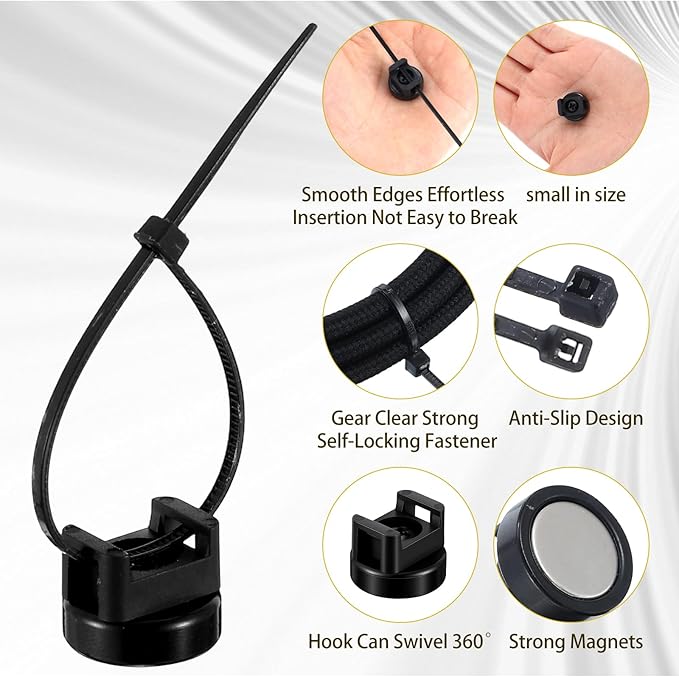 24 PCS Magnetic Zip Tie Mounts, Magnetic Cables Clips Organize and Secure Cable Wires with Powerful Multipurpose Cable Ties Mount Base for Electrical Wire