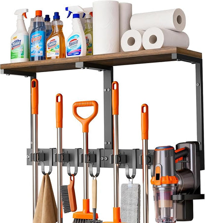 Supforce Broom Holder Wall Mount with Top Wooden Shelf, Heavy Duty Metal Cleaning Supplies Broom Hanger with Vacuum Organizer and 5 Slots & 5 Hooks for Laundry Garage Tool Storage Kitchen (Large)