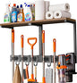 Supforce Broom Holder Wall Mount with Top Wooden Shelf, Heavy Duty Metal Cleaning Supplies Broom Hanger with Vacuum Organizer and 5 Slots & 5 Hooks for Laundry Garage Tool Storage Kitchen (Large)