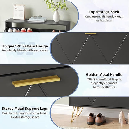 Shoe Storage Cabinet with 2 Flip Drawers, Shoe Cabinet Storage Entryway Slim, Black Narrow Shoe Cabinet w/Gold Handles & Metal Legs, Hidden Freestanding Shoe Organizer for Hallway