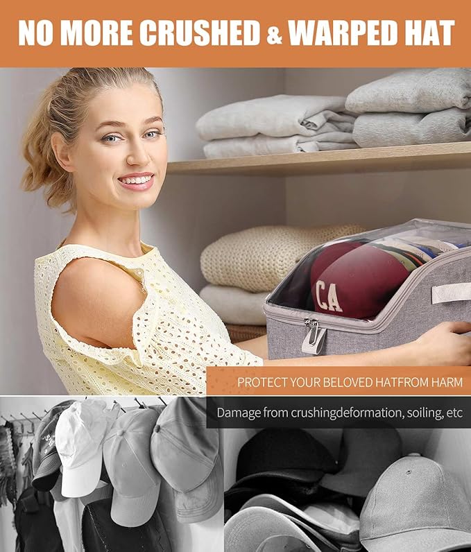 Livelab Hat Organizer for Baseball Caps, Hat Storage Holder Container for Closet Hold Up to 24 Caps with Clear Window, Hat Boxes for Home Storage | 2Pcs Grey