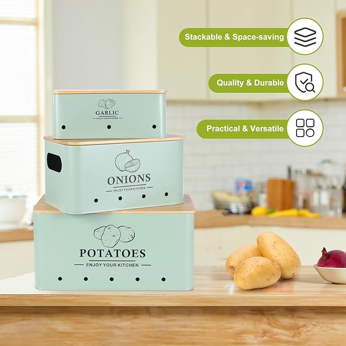 Kitchen Vegetable Storage Set of 3, Metal Onion Garlic Potato Storage Set, Kitchen Canisters Vegetable Keeper Containers with Aerating Holes and Wooden Lid (Sage Green)