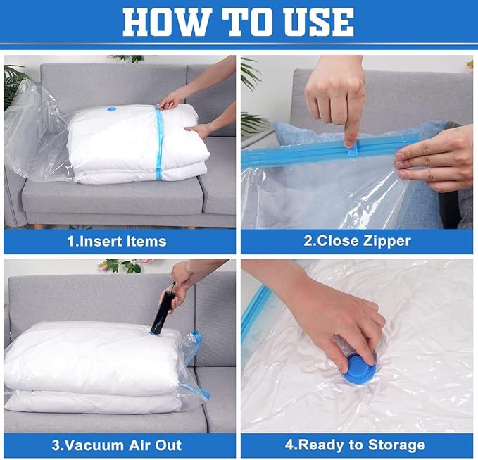 5 Pieces Vaccum Storage Bags With Manual Pump I Airtight and Reusable Space Saver Double Ziplock Compression Bags I Jumbo Size, Large Size, Medium Size
