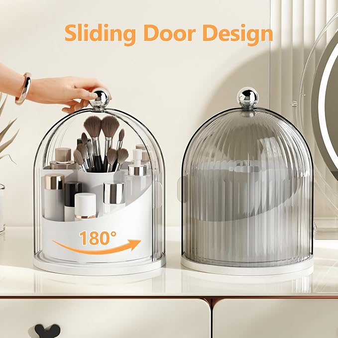 Makeup Brush Holder with Lid, 360° Rotating Cosmetic Organizer for Vanity, Covered Beauty Brushes Holder for Bathroom, Skincare Storage for Corner Countertop