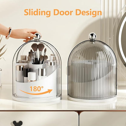 Makeup Brush Holder with Lid, 360° Rotating Cosmetic Organizer for Vanity, Covered Beauty Brushes Holder for Bathroom, Skincare Storage for Corner Countertop