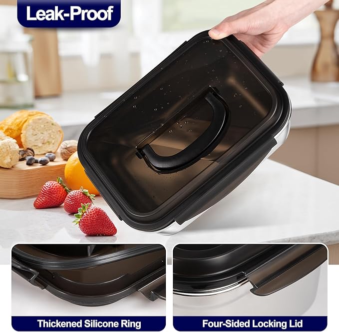 QCQHDU Stainless Steel Food Storage Containers, 3800 ML/ 129 oz / 16 Cup Large Food Storage Meal Prep Containers with Airtight Lids for Roasting Turkey, Chicken, Baking Casserole, Fruits, Party