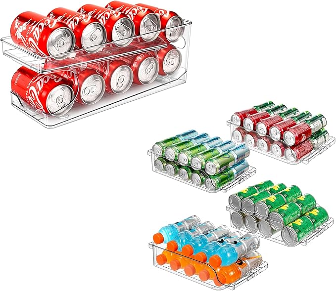 Rolling Soda Can Organizer and 4 Packs Clear Width Adjustable Soda Can Organizer for Refrigerator for Beer Soda Seltzer Drink Pop Cans Holder Storage Pantry Organization