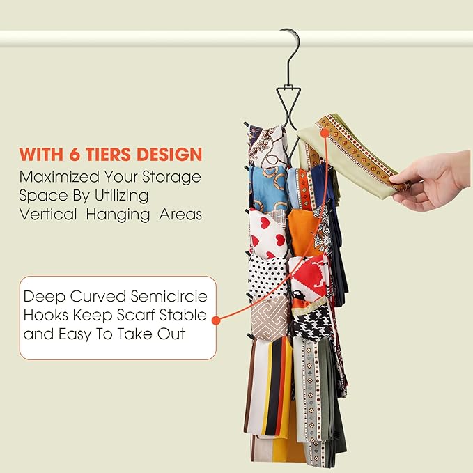 Scarf Hanger 12 Storages,Purse Hanger with 360 Swivel Hook,Scarf Organizer Scarf Hangers for Closet,for Scarves, Shawl,Belt,Purse & Baseball Cap