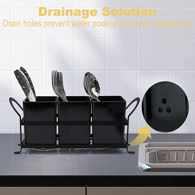 ECOIOU Cutlery Holder with Drain Holes, Dishwasher Safe Silverware Caddy for Party, Kitchen Counter, 3pcs Bins Set Countertop Utensil Holder for Spoons, Forks and Knives, Black