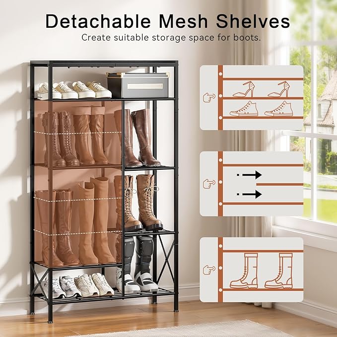 8-Tier Shoe Rack, Shoe Storage Organizer with Boots Storage, Large Capacity Shoe Shelf Holds 20-23 Pairs of Shoes, Durable and Stable, for Entryway, Closet, Hallway, Dorm Room, Black