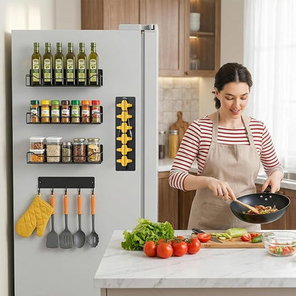Magnetic Spice Rack for Refrigerator, 5 Pack Magnetic Fridge Organizer Shelves, Strong Magnetic Hold, No Drilling, Space Saving Storage Rack for Kitchen Spice Jars, Pantry & Refrigerator (Black)