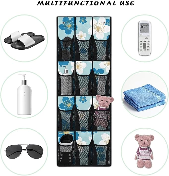 Over The Door Hanging Shoe Storage Pockets, Wall Storage Bag Fabric Wall Door Closet Hanging Storage Bag Organizer,Blue Flowers