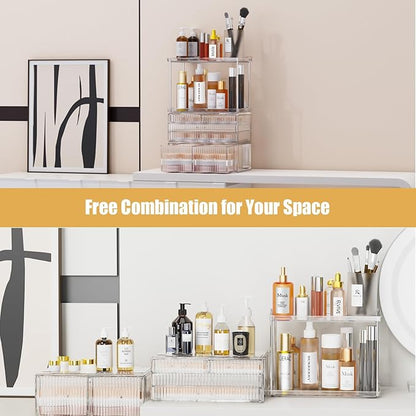 2-Tier 5-Drawer Bathroom Countertop Organizer : Multi-Purpose Makeup Organizer Countertop - Large Skincare Holder Exquisite Vanity Tray - Perfume & Skincare Storage Amber Clear