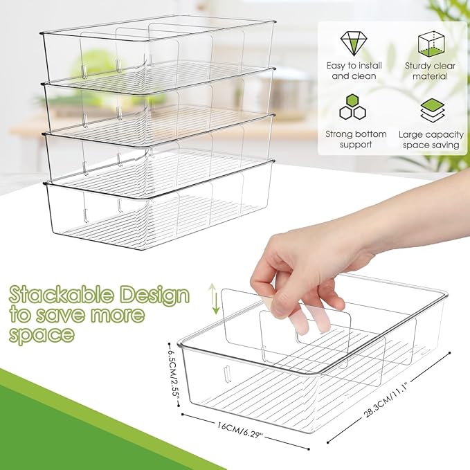 ZIZOTI Snack Organizer for Pantry Shelf, 4 Pack Clear Plastic Pantry Storage Bins with 3 Dividers for Snacks, Spices, Chips Food Organizer, Stackable Pantry Organizers for Kitchen, Fridge, Cabinet