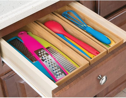 mDesign Wooden Bamboo Drawer Organizer - 15" Long Stackable Storage Box Tray for Kitchen Drawers/Cabinet - Utensil, Silverware, Spatula, and Flatware Holder - Echo Collection - 4 Pack, Natural Wood