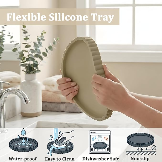 Silicone Bathroom Vanity Tray, Modern Round Decorative Tray for Countertop, Waterproof & Unbreakable Cosmetic Perfume Organizer, Extra-Thick & Sturdy, Easy to Clean Candle Tray (Khaki, 10 inch)