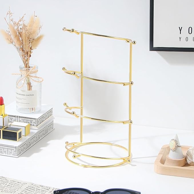 Byken 4 Tier Crown Holder,Tiara Organizer,.Golden Bridal Headdress Display Stand for Selling,Headband Ear Crown Storage Tower,Jewelry Holder for Girls Wedding Home Shop Store (Gold)