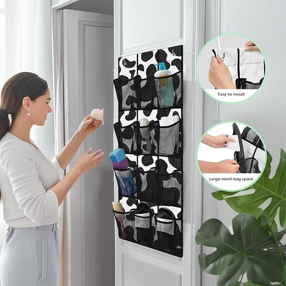 Over Door Organizer, Black and White Cow Print 12 Compartment Breathable Mesh Pocket Hanging Shoe Rack for Closet Door Hanging Storage Organizer for Closets Behind Doors