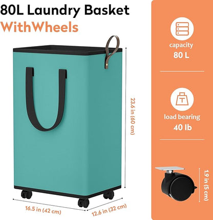SpaceTrove Laundry Basket with Wheels, Collapsible Laundry Baskets, Laundry Hamper with Handles Detachable Wheels, Rolling Laundry Basket, Dirty Clothes Hamper for Bathroom, Dorm, Bedroom, Green, 80L