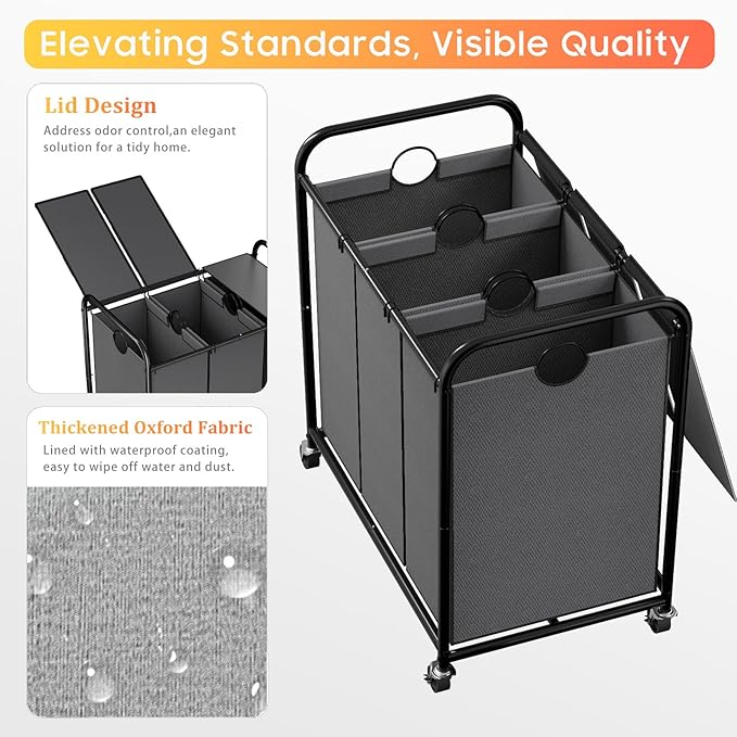 180L (47.55 Gal) Laundry Sorter 3 Section, Rolling Laundry Basket with Lockable Wheels and Lid, Laundry Hamper with 3 Separated Removable Bags Dirty Clothes Hamper for Laundry Room Organizer, Grey