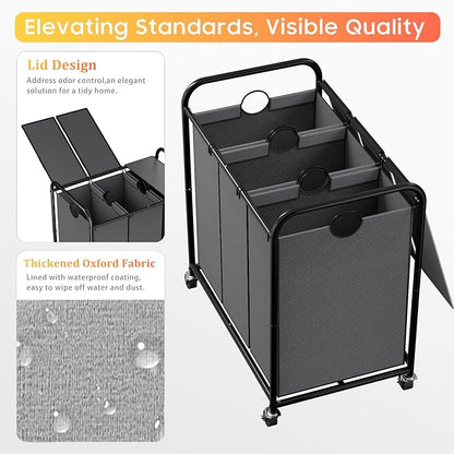 180L (47.55 Gal) Laundry Sorter 3 Section, Rolling Laundry Basket with Lockable Wheels and Lid, Laundry Hamper with 3 Separated Removable Bags Dirty Clothes Hamper for Laundry Room Organizer, Grey