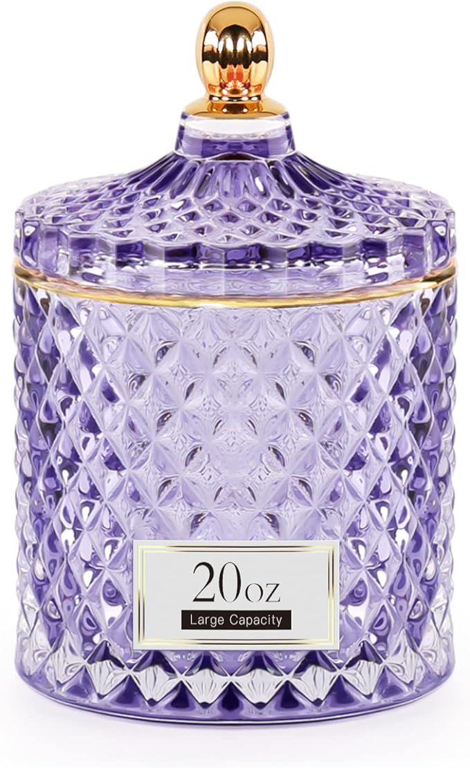ALAMHI Candy Dish Glass Cookie Jar with Lid Candy Bowl for Office Desk Decor, Apothecary Jars Purple Bathroom Accessories Cute Room Decor Aesthetic, Q Tip Holder Decorative Glass Jewelry Box (20oz)