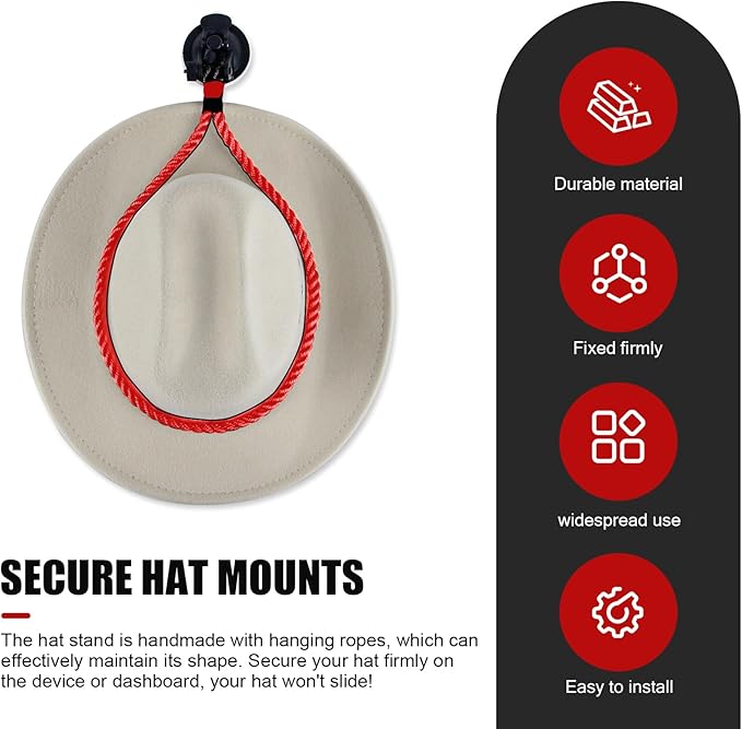 Cowboy Hat Holder for Truck & Car, Cowboy Hat Holder Rack with Suction Cup and Handmade Rope,for Car, SUV, Truck, Home, Universal Truck Accessories (Red)